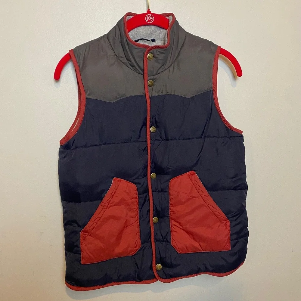 Mini Boden Kids Puffer Vest Navy‎ Blue Red Pockets Size 9-10Y